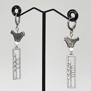 Artisan Silver Bird on Wheat Earrings – Leverback Dangle with White Bead